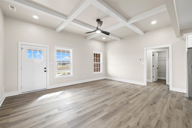 unfurnished living room with ceiling fan, coffered ceiling, beam ceiling, and light hardwood / wood-style flooring