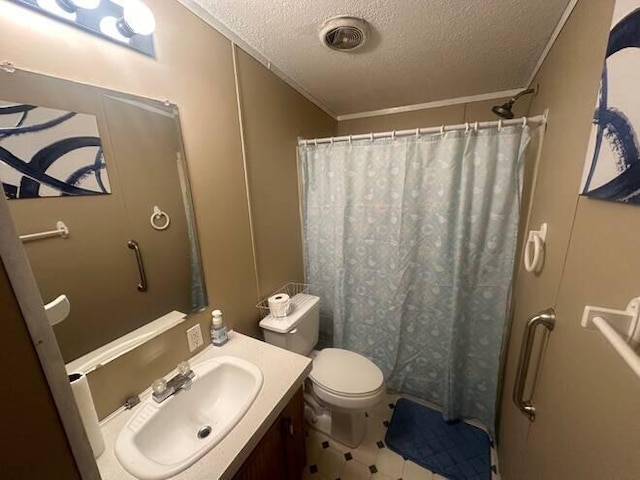 bathroom with walk in shower, crown molding, a textured ceiling, toilet, and vanity