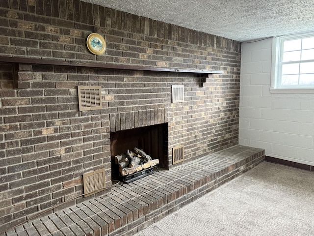 room details with carpet floors and a textured ceiling