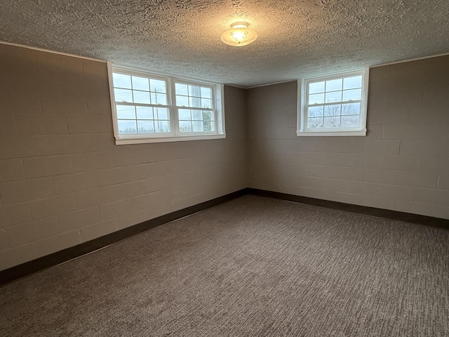 basement with carpet flooring, a healthy amount of sunlight, and a textured ceiling