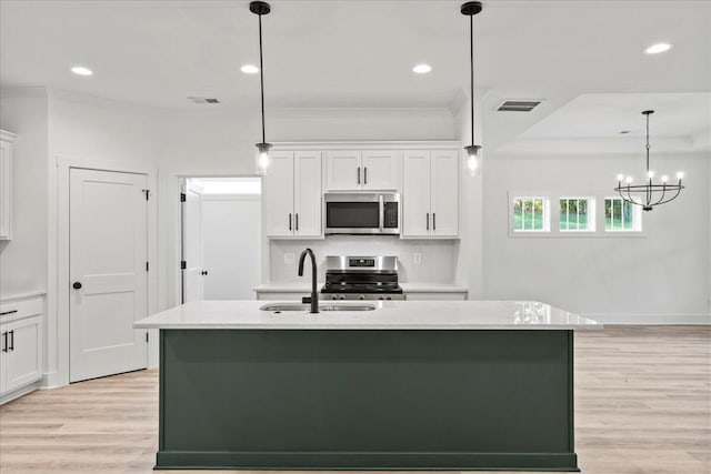 kitchen featuring white cabinetry, a kitchen island with sink, and stainless steel appliances