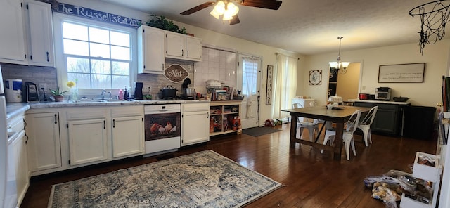 kitchen with dark hardwood / wood-style flooring, tasteful backsplash, sink, white cabinetry, and hanging light fixtures