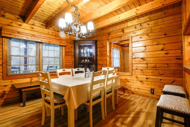 dining space with wood ceiling, beamed ceiling, a chandelier, and light wood-type flooring