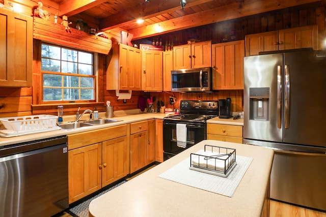 kitchen with sink, stainless steel appliances, beamed ceiling, wooden walls, and wood ceiling