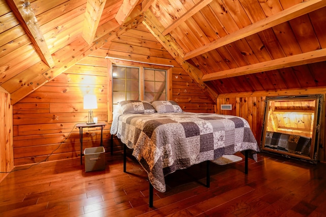 bedroom with lofted ceiling with beams, wood walls, wood-type flooring, and wood ceiling