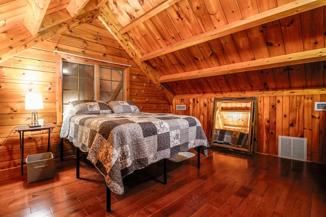 bedroom featuring wood walls, lofted ceiling with beams, and wooden ceiling