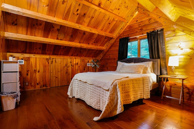 bedroom featuring hardwood / wood-style floors, lofted ceiling with beams, wooden ceiling, and wood walls