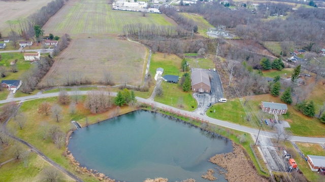 bird's eye view featuring a rural view and a water view