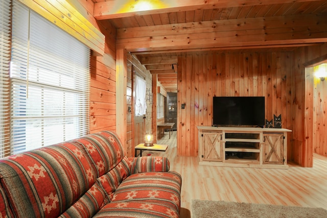 living room featuring wood-type flooring, wood ceiling, and wood walls