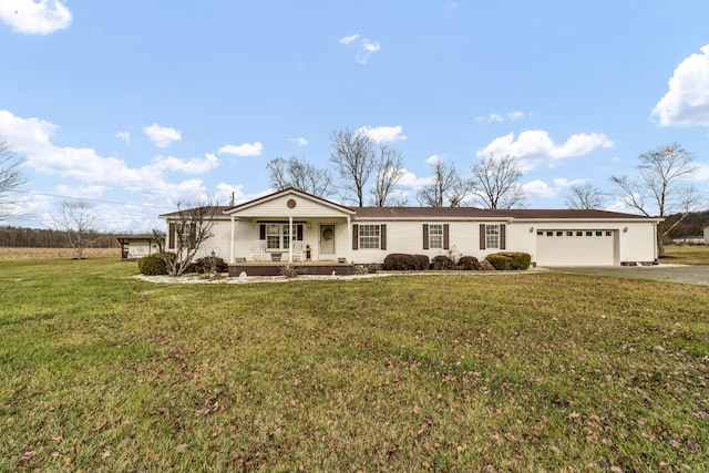 ranch-style house with a front yard, a porch, and a garage