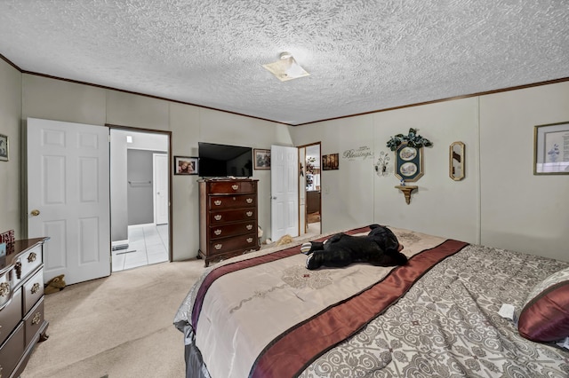 bedroom featuring light carpet, a textured ceiling, and ornamental molding