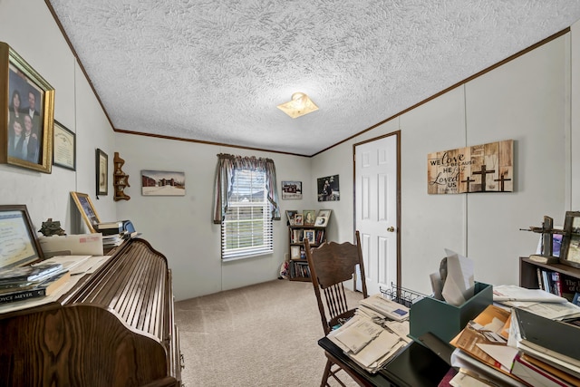 carpeted office space with a textured ceiling and ornamental molding