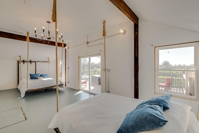 bedroom with beam ceiling, access to outside, and an inviting chandelier