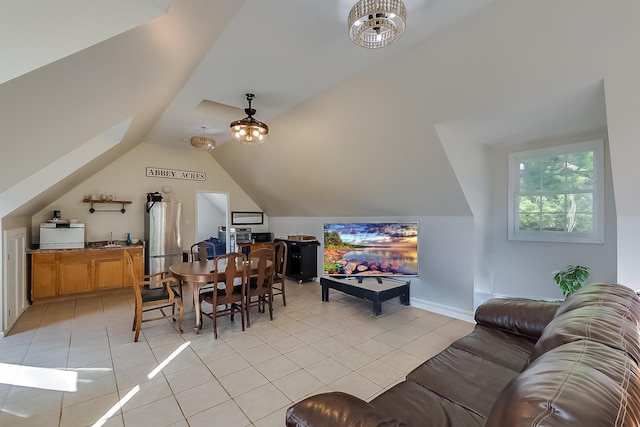 interior space with lofted ceiling and sink