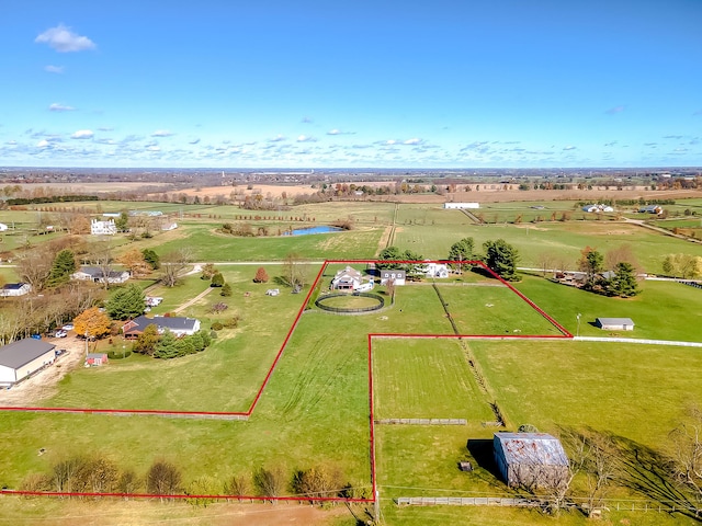 bird's eye view featuring a rural view and a water view