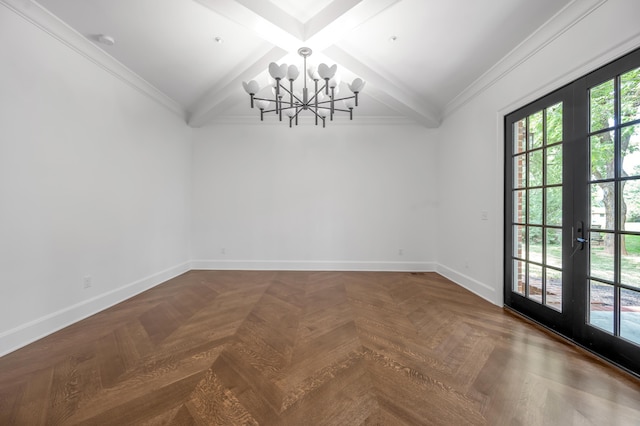 unfurnished dining area with french doors, beamed ceiling, parquet flooring, a chandelier, and ornamental molding