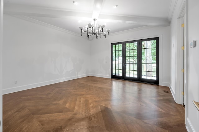 unfurnished room featuring dark parquet flooring, french doors, crown molding, beamed ceiling, and a chandelier