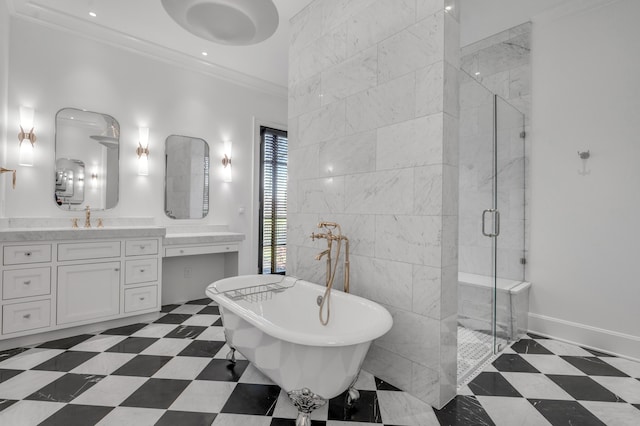 bathroom featuring vanity, crown molding, and shower with separate bathtub