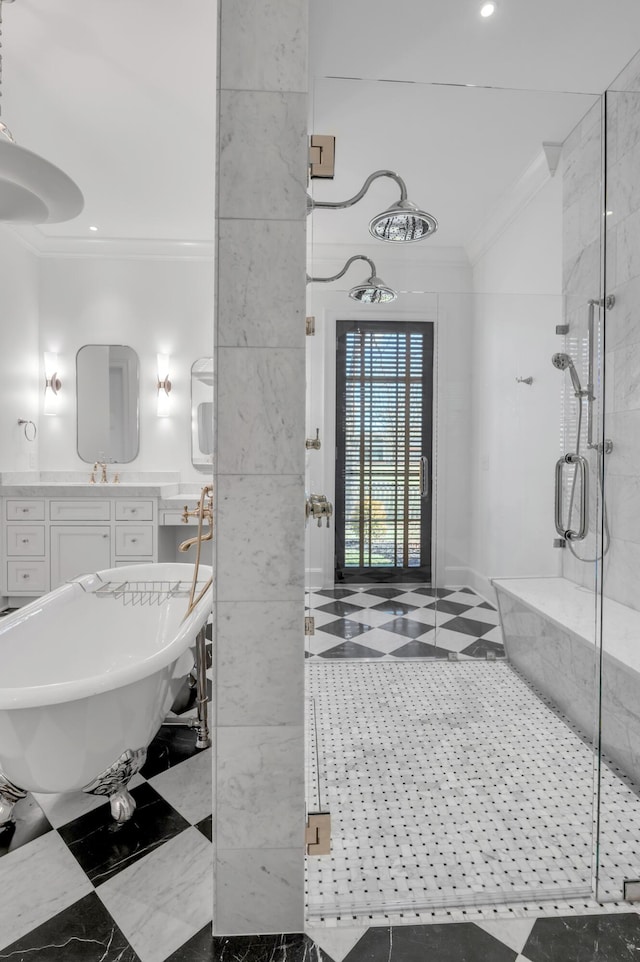 bathroom featuring vanity, ornamental molding, and plus walk in shower