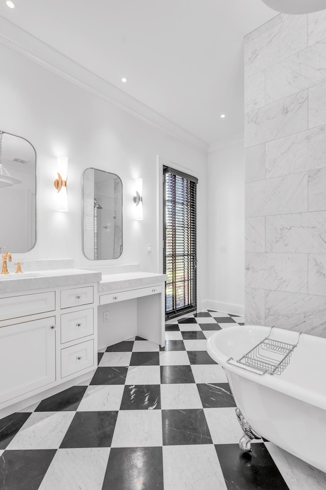 bathroom with vanity, separate shower and tub, and crown molding