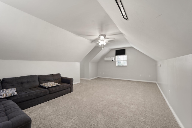 carpeted living room featuring a wall unit AC, ceiling fan, and lofted ceiling