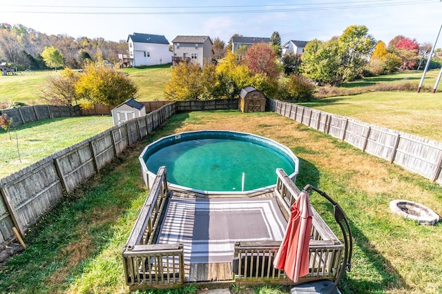 view of swimming pool featuring a storage shed and a yard