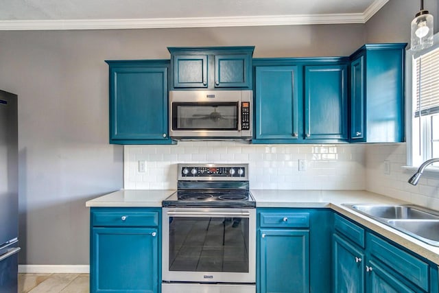 kitchen with appliances with stainless steel finishes, backsplash, ornamental molding, blue cabinets, and sink