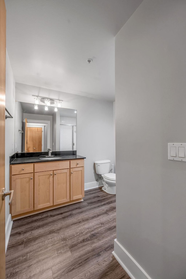 bathroom featuring vanity, toilet, and wood-type flooring