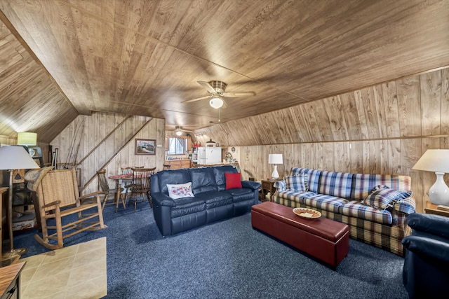 carpeted living room with wooden walls, ceiling fan, wooden ceiling, and lofted ceiling