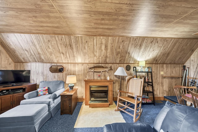 tiled living room featuring wooden walls and wood ceiling