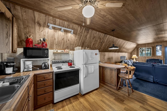 kitchen with wood ceiling, white appliances, ceiling fan, sink, and lofted ceiling