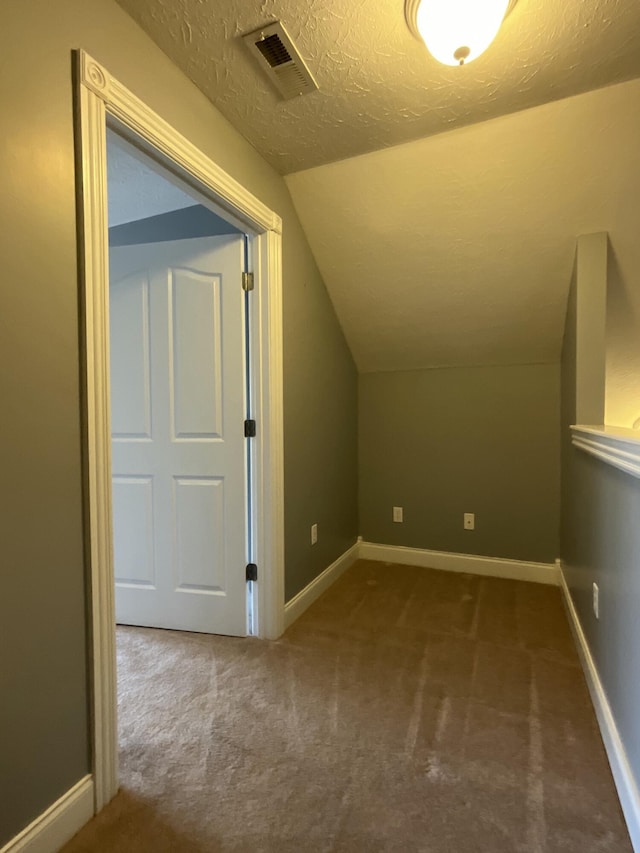 additional living space featuring carpet flooring, vaulted ceiling, and a textured ceiling