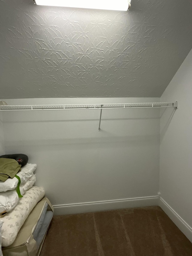 spacious closet with vaulted ceiling and dark colored carpet