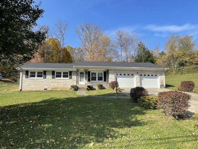 single story home with a garage and a front lawn