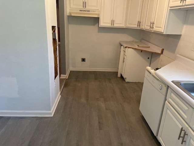 kitchen with white cabinetry, dishwasher, and dark hardwood / wood-style floors