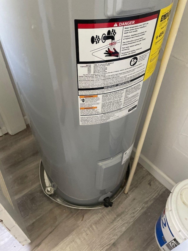 details featuring water heater and wood-type flooring