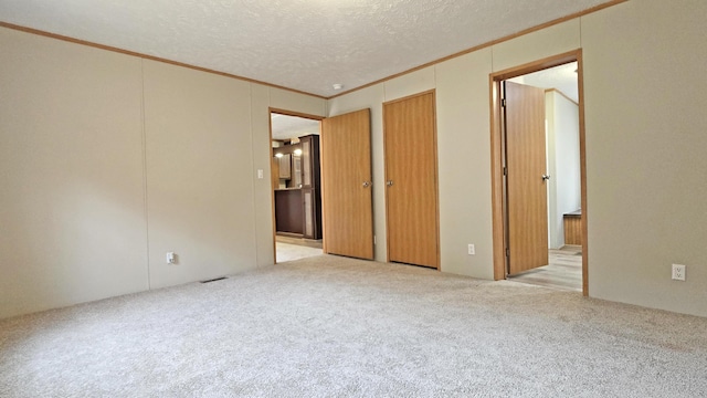 carpeted spare room featuring ornamental molding and a textured ceiling