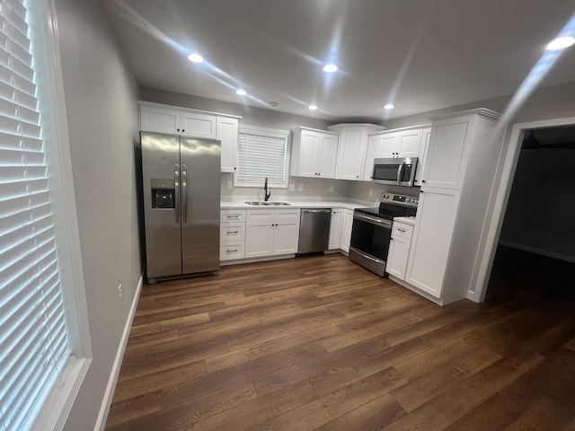 kitchen featuring sink, white cabinets, stainless steel appliances, and dark hardwood / wood-style floors