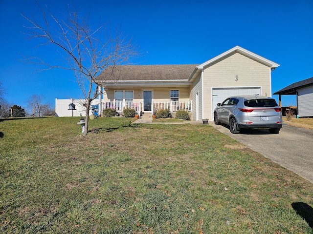 ranch-style home featuring a front lawn, a porch, and a garage