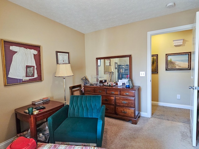 living area featuring a textured ceiling and light colored carpet