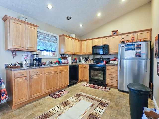 kitchen featuring black appliances, sink, lofted ceiling, and a textured ceiling