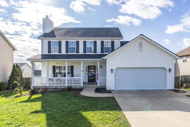 view of front of house featuring covered porch, a front yard, and a garage