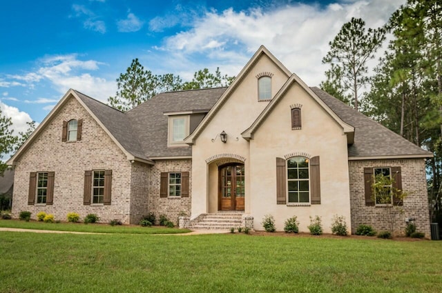 french country home featuring a front yard and french doors