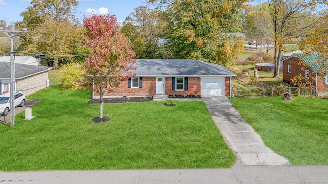 ranch-style house with a garage and a front lawn