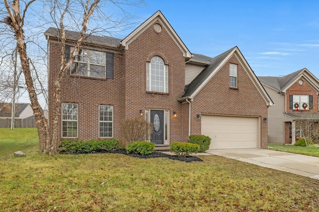 view of front facade with a garage and a front lawn