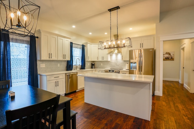 kitchen featuring white cabinetry, sink, pendant lighting, and appliances with stainless steel finishes