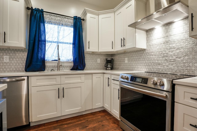 kitchen with white cabinetry, sink, stainless steel appliances, wall chimney range hood, and backsplash