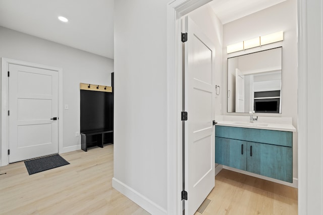 bathroom with hardwood / wood-style floors and vanity