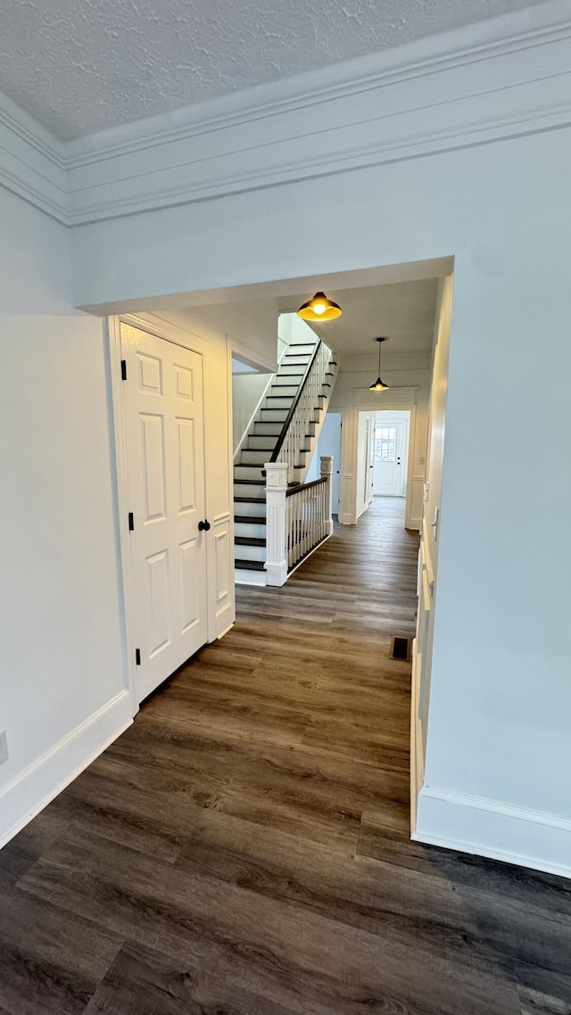 corridor featuring dark hardwood / wood-style flooring, a textured ceiling, and ornamental molding