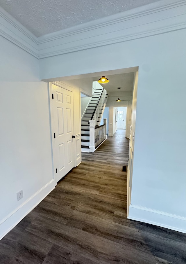 hallway featuring dark hardwood / wood-style floors, ornamental molding, and a textured ceiling